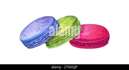 Ensemble de macarons français traditionnels. Biscuits aux amandes colorés, gâteau au macaron. Dessert sucré bleu, vert et rouge. Illustration à l'aquarelle. Pour l'emballage Banque D'Images