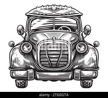 Vue de face dessinée à la main d'une voiture rétro dans un style noir et blanc. Transport vintage, illustration vectorielle d'esquisse Illustration de Vecteur