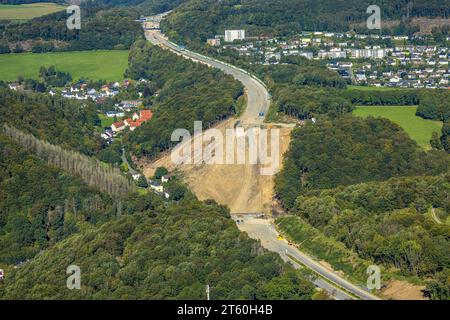 Vue aérienne, démoli et fait sauter le pont de vallée Rahmede de l'autoroute A45, chantier de construction pour nouvelle construction, Gevelndorf, Lüdenscheid, Sauerl Banque D'Images