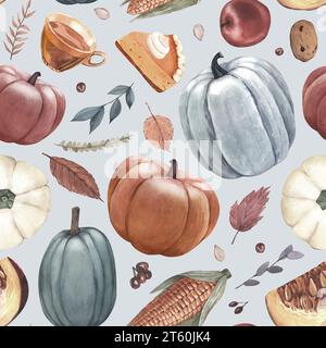 Citrouilles à motif aquarelle, tarte à la citrouille, feuilles d'automne, pomme et objets du jour de Thanksgiving. Illustration dessinée à la main isolée sur fond blanc Banque D'Images