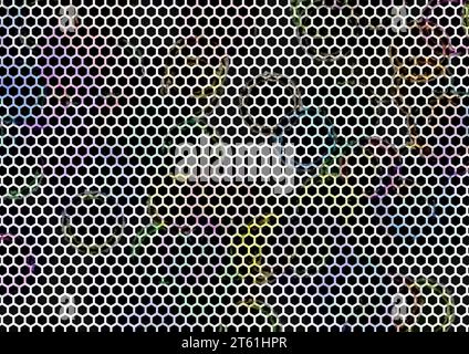 Formes arrondies de verre coloré sur un motif hexagonal texturé rugueux. Banque D'Images