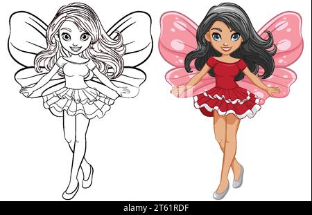 Une superbe fée de dessin animé avec des ailes, prête pour la coloration Illustration de Vecteur