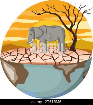 Une illustration de dessin animé d'un éléphant triste sur un paysage sec, symbolisant la déforestation Illustration de Vecteur