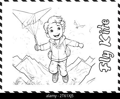 Page de coloriage Chearful Fly Kite pour les enfants Illustration de Vecteur