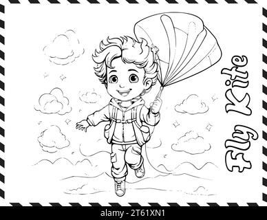 Page de coloriage Chearful Fly Kite pour les enfants Illustration de Vecteur