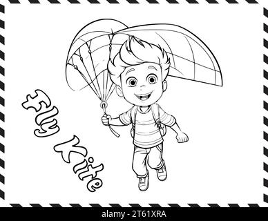 Page de coloriage Chearful Fly Kite pour les enfants Illustration de Vecteur