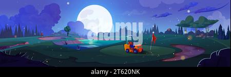 Illustration vectorielle de dessin animé de paysage de terrain de golf de nuit. Drapeau, balle et voiture sur la cour d'herbe verte dans le club de sport. Beau ciel bleu avec des étoiles et pleine lune brillante. Nature et terrain pour le jeu Illustration de Vecteur