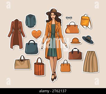 set autocollants femme dans les marques de mode caractère outlet avec vêtements et accessoires saison grande vente Illustration de Vecteur