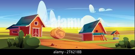 Paysage de ferme de dessin animé avec grange en bois rouge, balle de foin et puits d'eau dans le champ sous le ciel bleu avec des nuages. Illustration vectorielle de paysage rural de ranch de campagne avec maison d'agriculture sur prairie. Illustration de Vecteur