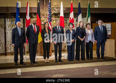 Annalena Baerbock, (Buendnis 90/les Verts), ministre fédérale des Affaires étrangères, participe à la réunion des ministres des Affaires étrangères du G7 à Tokyo, Japon. LR : Haut représentant de l'Union européenne pour les affaires étrangères et la politique de sécurité Josep Borrell, ministre britannique des affaires étrangères James Cleverly, ministre allemande des affaires étrangères Annalena Baerbock, secrétaire d'État américain Antony Blinken, ministre japonaise des affaires étrangères Yoko Kamikawa, ministre canadienne des affaires étrangères Melanie Joly, ministre française des affaires étrangères Catherine Colonna, directeur général des affaires politiques et de la sécurité internationale du ministère italien des Affaires étrangères Pa Banque D'Images