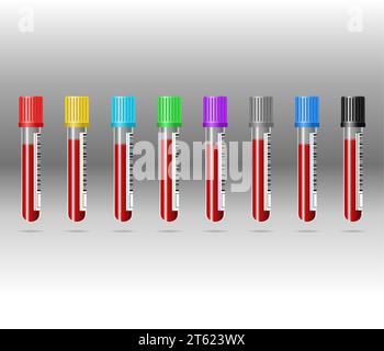 tubes de prélèvement sanguin sur fond gris. Les tubes sont tous de couleurs différentes, représentant les différents types de tests sanguins qui peuvent être effectués Illustration de Vecteur