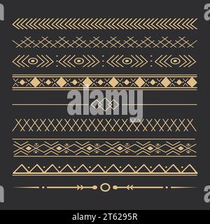 Définir tribal doré des diviseurs de flèche ethnique, boho indien indigène arc dans le style doodle isolé sur fond sombre. Bordures de collection, éléments de décoration. Illustration vectorielle Illustration de Vecteur