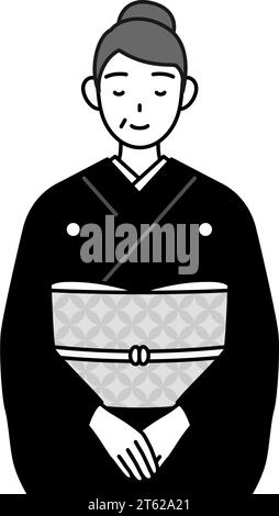 Salutation du nouvel an et mariages, femme senior en kimono se inclinant avec les mains pliées, Illustration vectorielle Illustration de Vecteur