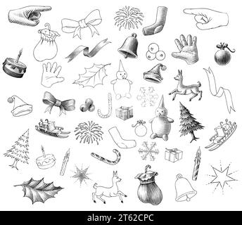 Éléments de Noël dessin à la main style vintage clip art noir et blanc Illustration de Vecteur