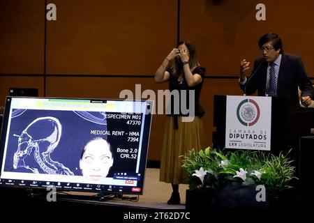 Mexico, Mexique. 07 novembre 2023. 7 novembre 2023, Mexico, Mexique : le scientifique Edgar Martin Hernandez dans son intervention dans la deuxième audience publique Mexico phénomènes anormaux non identifiés à la Chambre des députés à Mexico. Le 7 novembre 2023 à Mexico, Mexique (photo de Luis Barron/Eyepix Group/Sipa USA). Crédit : SIPA USA/Alamy Live News Banque D'Images