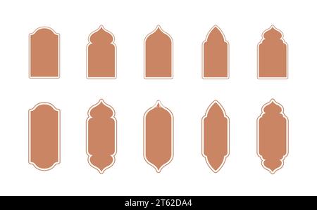 Fenêtres islamiques de style oriental. Ensemble d'arches arabes et de portes de couleur beige. Silhouette de mosquée. Illustration vectorielle minimaliste Illustration de Vecteur