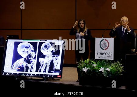 Mexico, Mexique. 07 novembre 2023. 7 novembre 2023, Mexico, Mexique : le radiologue Daniel Mendoza lors de son intervention à la deuxième audience publique mexicaine sur les phénomènes anormaux non identifiés à la Chambre des députés à Mexico. Le 7 novembre 2023 à Mexico, Mexique (photo de Luis Barron/Eyepix Group/Sipa USA). Crédit : SIPA USA/Alamy Live News Banque D'Images