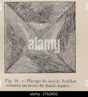 Les Arts de l'ameublement : l'ébéniestrie par Henry Havard , Paris , Librairie Charles Delagrave 15 rue Soufflot, 15 /Livre antique français du 19e siècle / Fig. 59.- Placage de noyer, feuilles réunies en croix de Saint-André / placage de noyer, feuilles en forme de croix de Saint André Banque D'Images