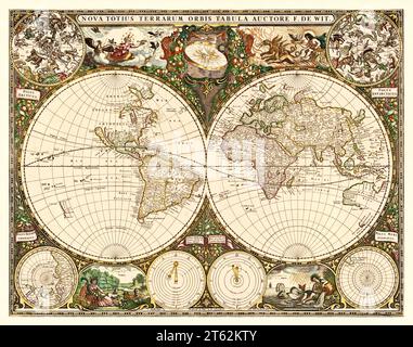 Vieux planisphère avec des vues polaires célestes et géographiques et des sisèmes ptolémaïque et copernicien. Par de Wit, publ. À Amsterdam, 1660 Banque D'Images