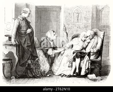Illustration ancienne d'un couple âgé assisté. Par Girardet, publ. Sur magasin pittoresque, Paris, 1849 Banque D'Images