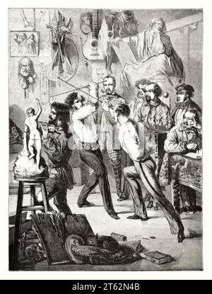 Deux hommes escrime de manière ludique à l'aide d'attelles en bois, dans un atelier d'artiste. Par Best, Hotelin et Regnier, publ. Sur magasin pittoresque, Paris, 1849 Banque D'Images