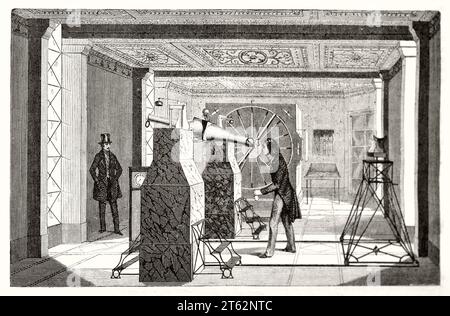 Ancienne illustration de l'intérieur de l'observatoire astronomique. Par auteur non identifié, publ. Sur magasin pittoresque, Paris, 1849 Banque D'Images