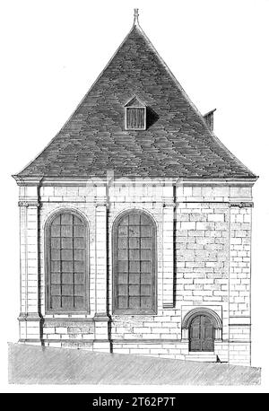 Façade Paris école Saint-Thomas, fenêtres voûtées, toit en ardoise abrupte, maçonnerie en pierre, bâtiment du XIXe siècle démoli, Paris, 1849 Banque D'Images