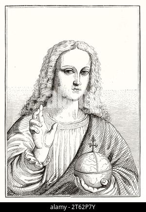 Vieille illustration de Salvator Mundi. Par Grandville, d'après la peinture de l'école Léonard de Vinci, publ. Sur magasin pittoresque, Paris, 1849 Banque D'Images