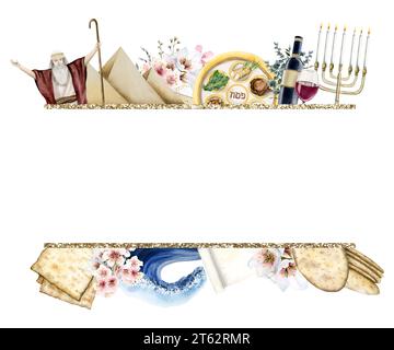 Modèle de bannière horizontale de Pâque avec illustration d'aquarelle de symboles de vacances de Pesach juif Banque D'Images