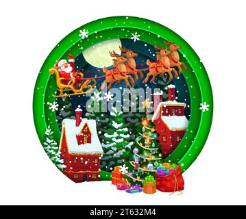 Carte de Noël découpée en papier. Arbre de vacances de pin, Père Noël sur traîneau et bâtiments de maison dans la forêt d'hiver. Vecteur 3d cadre stratifié avec dessin animé volant Père noel traîneau, chalets et cadeaux à la veille de Noël Illustration de Vecteur