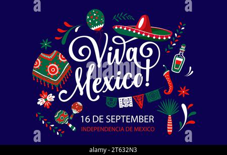 Viva Mexico, journée nationale de l'indépendance mexicaine. Bannière vectorielle avec sombrero, poncho, poivre jalapeno, tequila, ballon, palmier et maracas. Carte de voeux pour le festival des vacances traditionnelles du Mexique Illustration de Vecteur