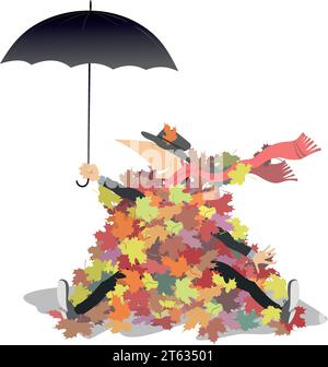Homme, parapluie et pile de feuilles d'automne. Homme avec parapluie assis dans le grand tas de feuilles d'automne multicolores. Isolé sur fond blanc Illustration de Vecteur