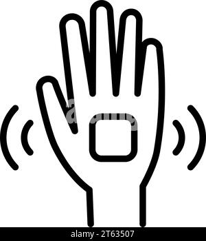Vecteur d'icône de ligne de gadget d'aide auditive. Signe de prothèse auditive dans la main. illustration du symbole de contour isolé Illustration de Vecteur
