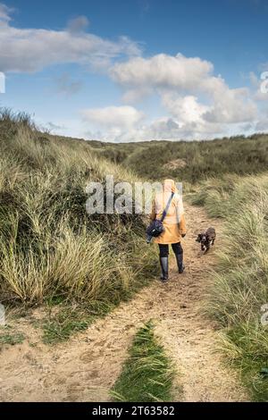 Un promeneur de chien promenant un chien le long d'un sentier sablonneux à travers le système massif de dunes de sable à Holywell Beach à Newquay en Cornouailles au Royaume-Uni. La dune s Banque D'Images