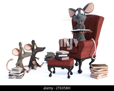 Rendu 3D de souris de dessin animé souriant mignon assis dans un fauteuil confortable, livre de lecture à haute voix pour deux enfants souris. Piles de livres sur le sol. Dos blanc Banque D'Images