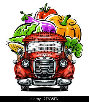 Livraison de produits frais de la ferme. Camionnette rétro avec des légumes biologiques. Illustration vectorielle Illustration de Vecteur