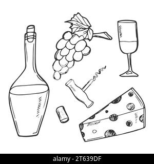 Illustration d'ensemble de vin de style Doodle en format vectoriel comprenant la bouteille, le verre, le tire-bouchon et le liège. Illustration de Vecteur