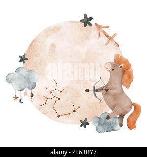 Composition pour enfants aquarelle du signe du zodiaque Sagittaire, nuage, étoile, lune et constellation. Pour impression, emballage, carte postale, brochures, bébé Banque D'Images