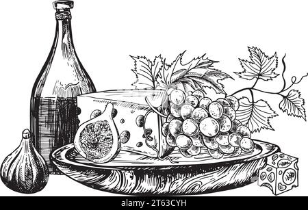 Ensemble vectoriel de croquis de boisson et de nourriture sur un fond blanc. Bouteille de vin vigne, fruit, un morceau de fromage et les branches de la vigne. Menu Illustration de Vecteur