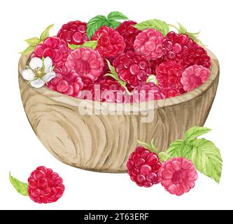 Fraises mûres dans un bol. Illustration à l'aquarelle. Concept de nourriture saine. Composition de baies de printemps. Ingrédient pour divers plats. Banque D'Images