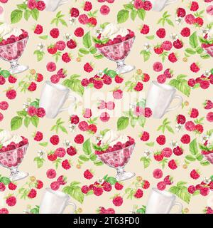 Framboises à la crème fouettée et au thé, dessert sur fond beige. Fond sans couture aquarelle avec des baies rouges d'été. Illustration du ressort Banque D'Images