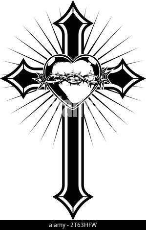 Belle croix chrétienne avec coeur d'amour et couronne d'épines crucifix vecteur isolé sur fond blanc Illustration de Vecteur