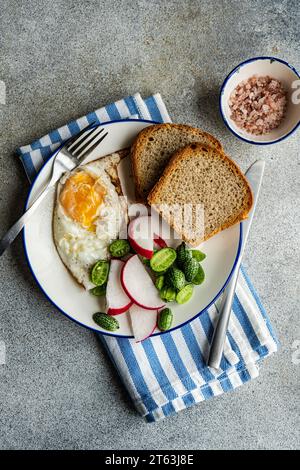 Vue de dessus d'un bol à lunch sain avec des tranches de pain, œuf au plat, cucamelon frais, radis et tomates placés sur un tissu rayé bleu et blanc avec un sma Banque D'Images