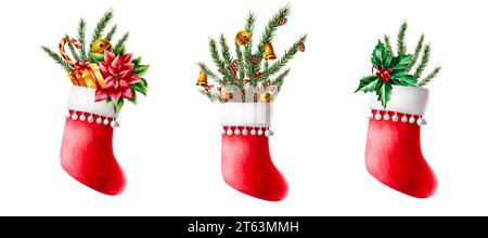 Bas de noël rouge aquarelle pour cadeaux avec bâton de caramel, branches de pin, cloche d'or, cadeau, cèdre, cônes de sapin, baies. Vacances nouvel an illus Banque D'Images