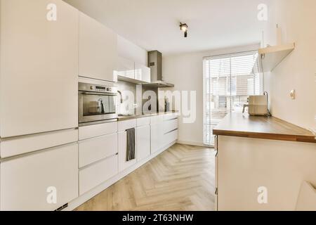 Intérieur de la cuisine spacieuse moderne avec des appareils et des armoires blanches à côté de la fenêtre lumineuse à la maison contemporaine Banque D'Images