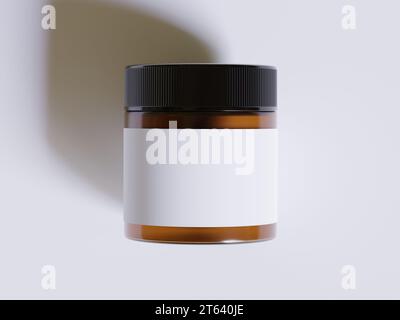 Pot cosmétique en verre ambré avec une texture réaliste vierge Label rendu de couleur blanche 3D. Banque D'Images