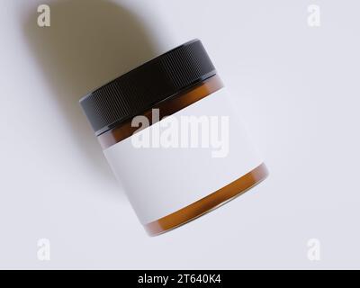 Pot cosmétique en verre ambré avec une texture réaliste vierge Label rendu de couleur blanche 3D. Banque D'Images