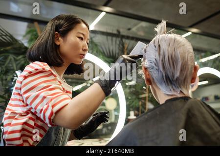 Portrait de vue latérale de coiffeur asiatique focalisé appliquant la teinture et la coloration des cheveux du client masculin dans le salon de beauté Banque D'Images