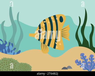 Monde sous-marin coloré avec des poissons helmon jaunes parmi les algues et les rochers, illustration de dessin animé vectoriel Illustration de Vecteur