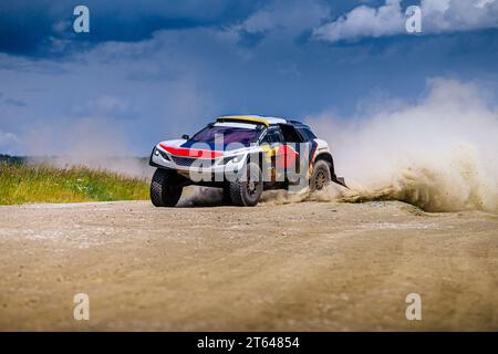 course automobile à grande vitesse roule sur route poussiéreuse pendant le rallye de cross-country Banque D'Images